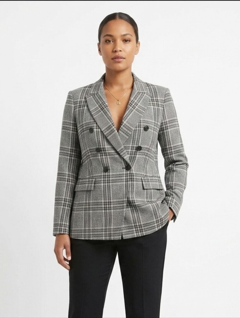 Double-Breasted Gray Plaid Blazer Jacket